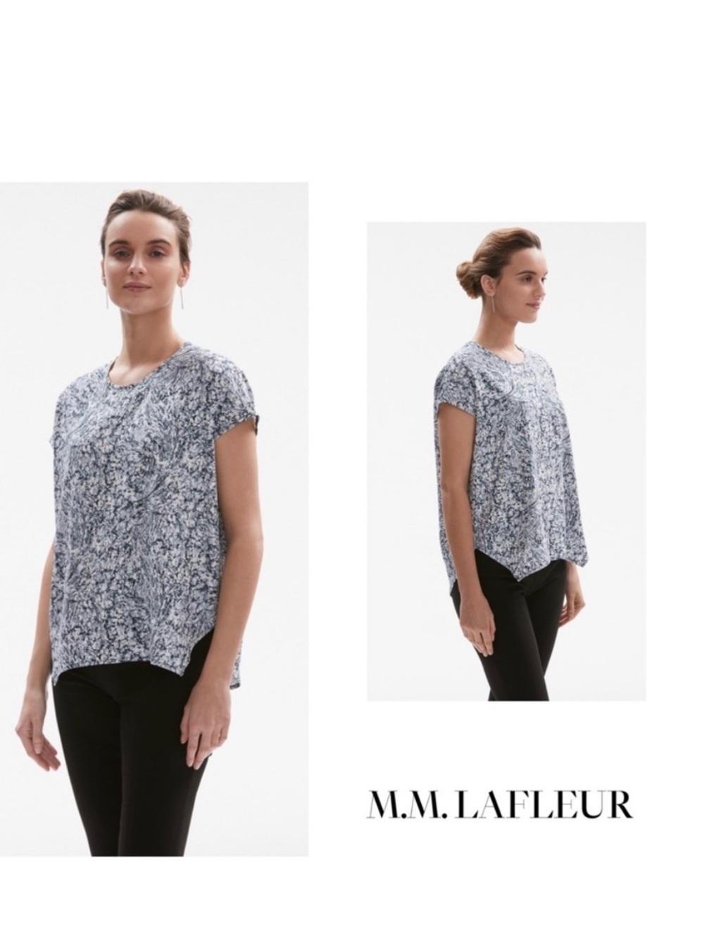 MM Lafleur Navy and White Marble-Print Short Sleeve Top